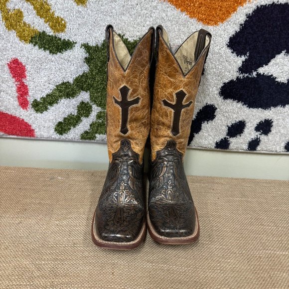 Ferrini Ladies Gold Genuine Leather Embossed Cross Boots - Picture 2 of 6